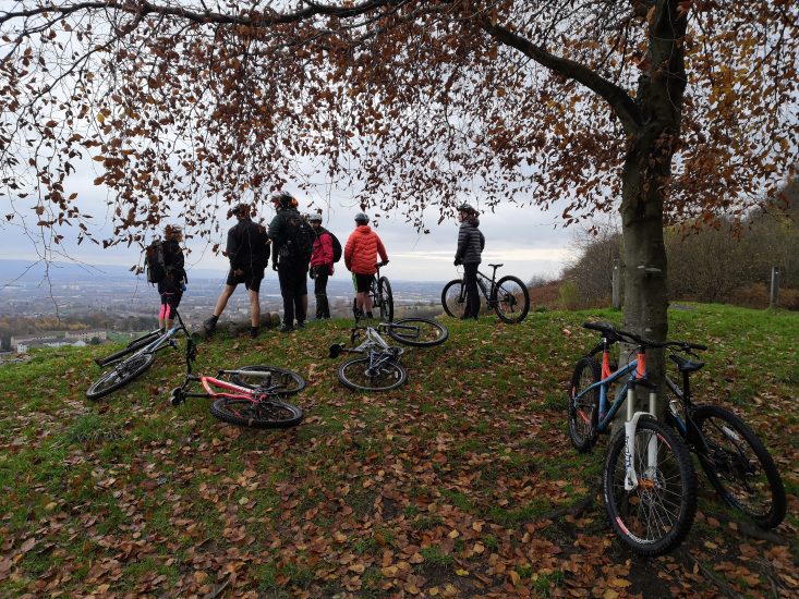 Six people are stood underneath a tree overlooking a landscape, next to them are bicycles. They are all wearing bicycle helmets.