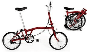 A red fold up bike is shown both unfolded and folded up.